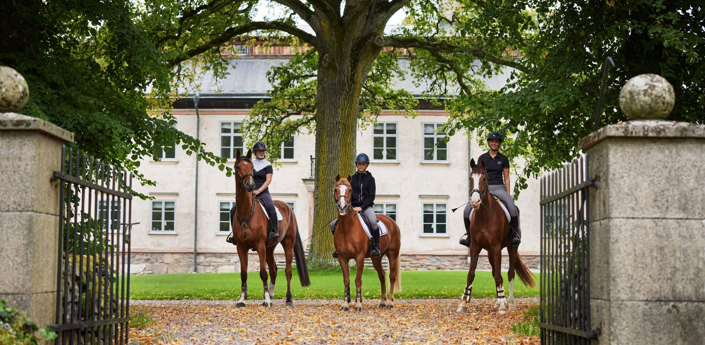 Environmental image three riders wearing Noomi Chantelle riding clothes each on a brown horse at a nice mansion